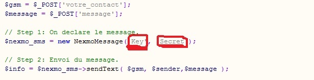 nexmo key secret Script PHP pour envoyer des SMS gratuitement