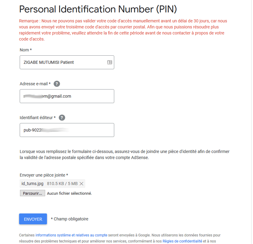 Formulaire PIN Adsense Comment valider son compte Google Adsense sans code PIN (boîte postale)