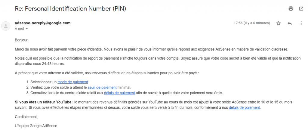 Mail de validation Adsense