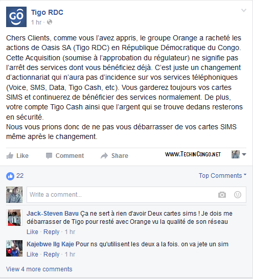 Message de Tigo RDC sur le rachat par Orange Orange rachète Tigo RDC : Se débarrasser d'une carte SIM?
