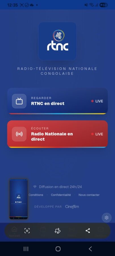 Ouverture de l'application RTNC en direct sur Android