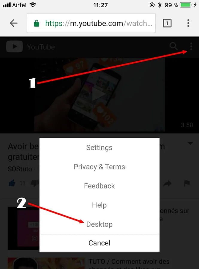 YouTube Desktop Version Comment &eacute;couter YouTube en arri&egrave;re-plan sur Android et iPhone (iOS)