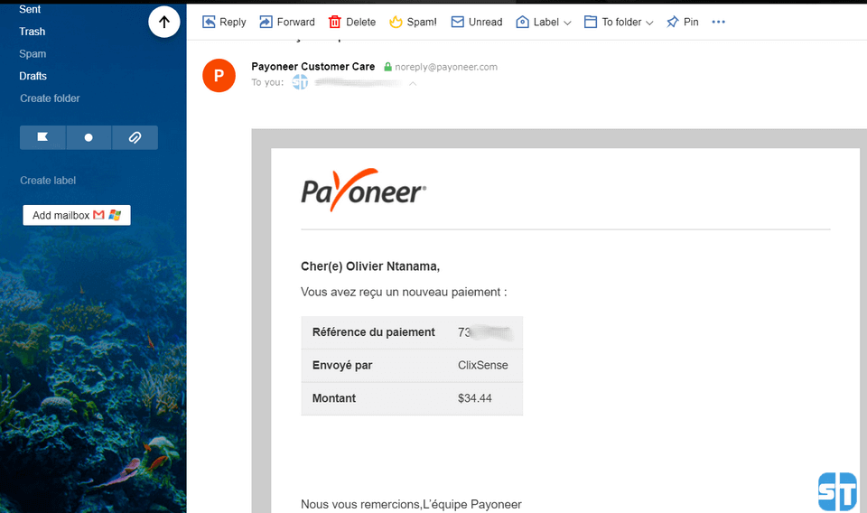 Preuve de paiement ClixSense Les meilleurs sites pour gagner de l’argent qui paient via Payoneer