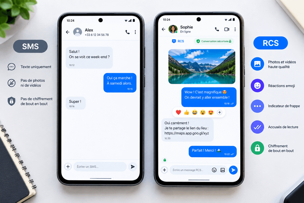 Comparaison visuelle entre un message SMS classique et un message enrichi RCS sur Android