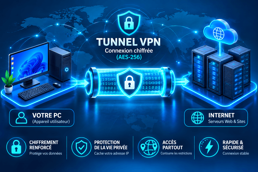 Schéma explicatif du fonctionnement d'un VPN chiffré sur PC Windows et Mac