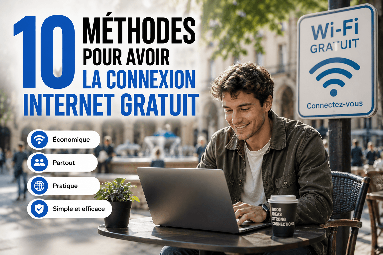 Illustration d'une personne profitant d'une connexion internet gratuit dans un lieu public