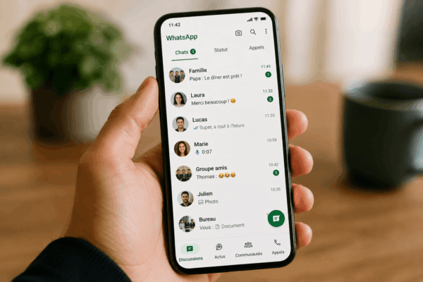 Genere l'mage d'une personne tenant un smartphone affichant un message de l'application WhatsApp (1200x800px), image mise en avant pour un article