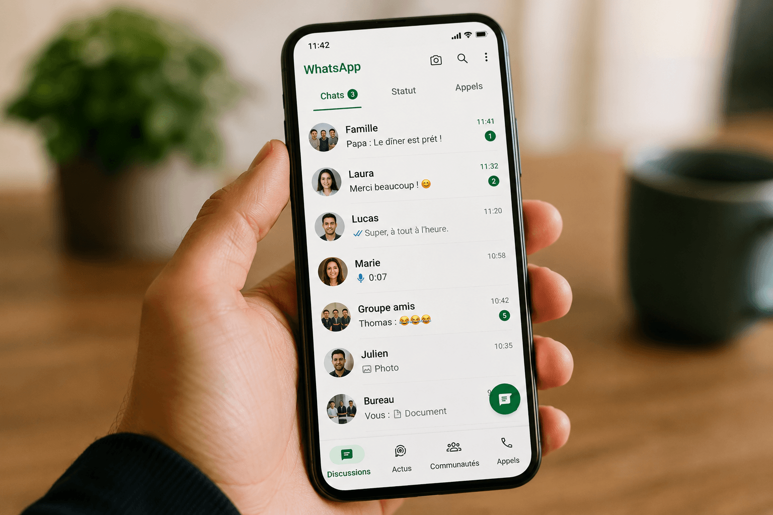 Genere l'mage d'une personne tenant un smartphone affichant un message de l'application WhatsApp (1200x800px), image mise en avant pour un article