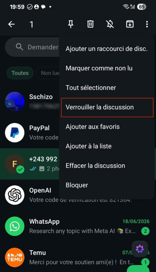 Verrouillage de discussion WhatsApp