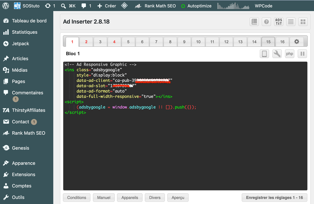 Interface d'intégration des publicités Google AdSense via une extension sur WordPress