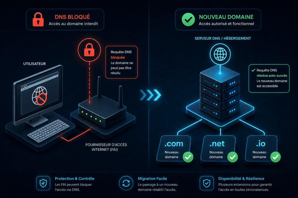 Schéma explicatif du blocage DNS par les FAI et changement de nom de domaine