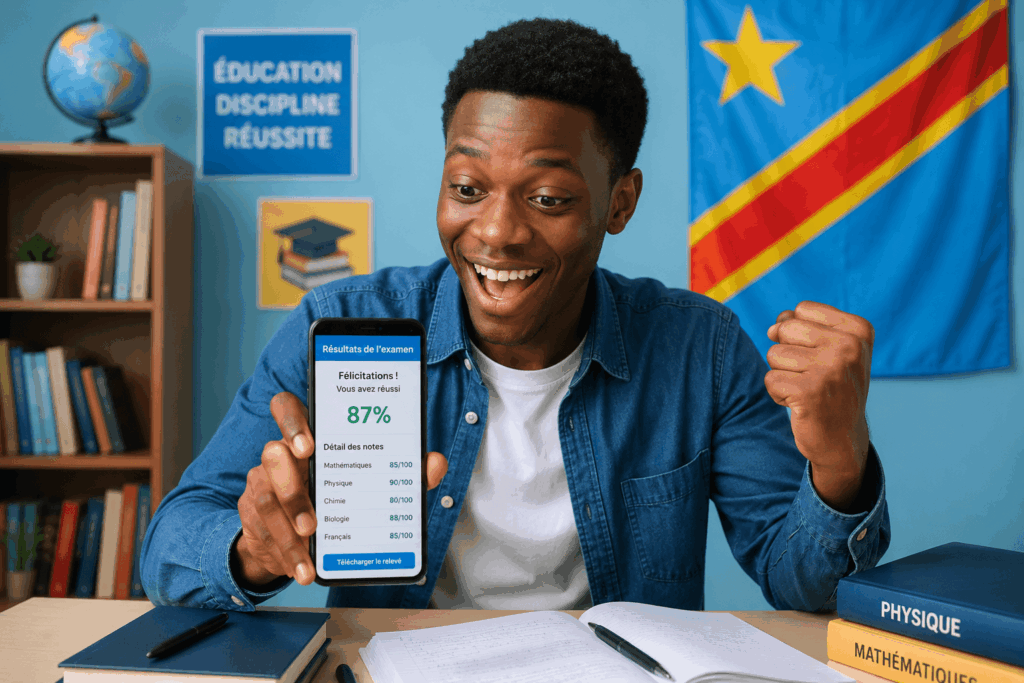 Élève congolais consultant ses résultats de l'Exetat sur son smartphone en RDC