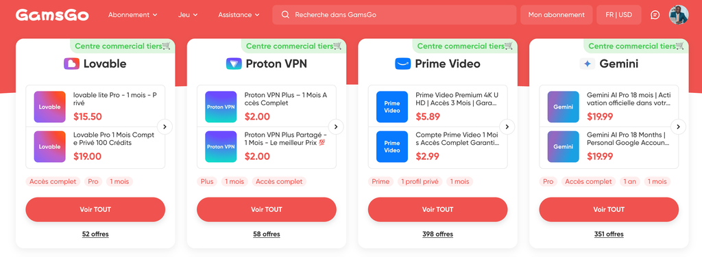 Gamsgo Marketplace pour le partage d'abonnement entre particulier