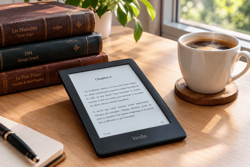 Une liseuse électronique affichant un livre classique à côté d'une pile de livres gratuits imprimés.